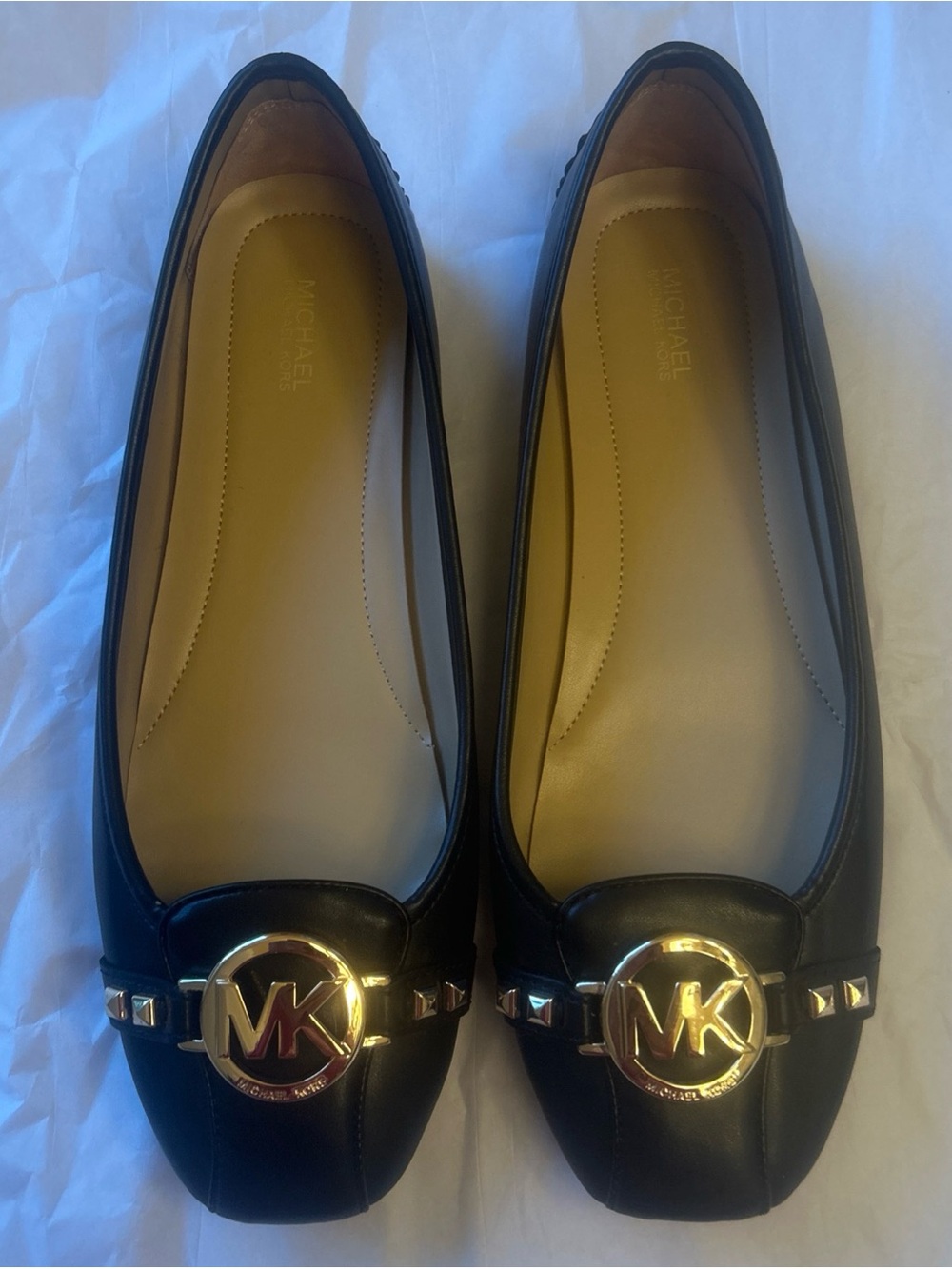MICHAEL Michael Kors Black Leather Ballet Flats with Gold MK Emblem